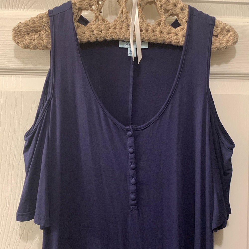 SHE+ SKY MAXI NAVY KNIT DRESS COLD SHOULDER SZ M 70% COTTON 30% RAYON CASUAL